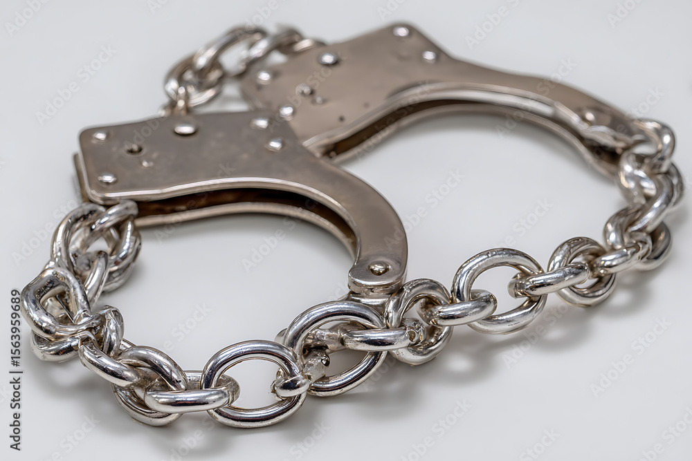 Fototapeta premium Polished metal handcuffs connected by a thick chain silver linked