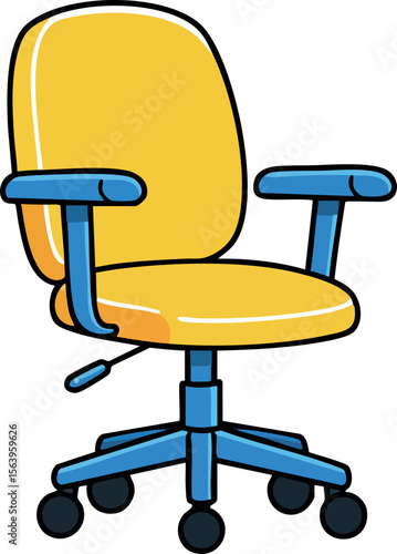 Yellow ergonomic office chair with blue armrests and wheels vector illustration for workspace comfort and design