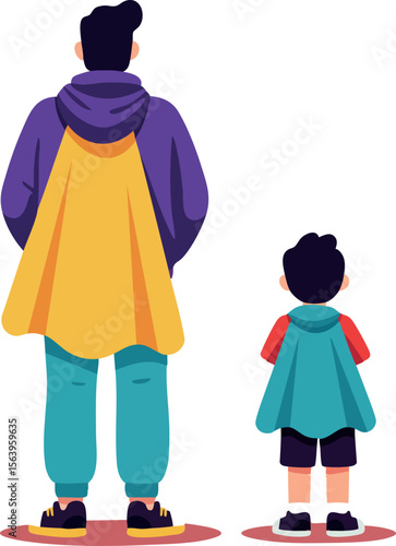 Father and son standing with colorful superhero capes looking forward together family bonding vector illustration