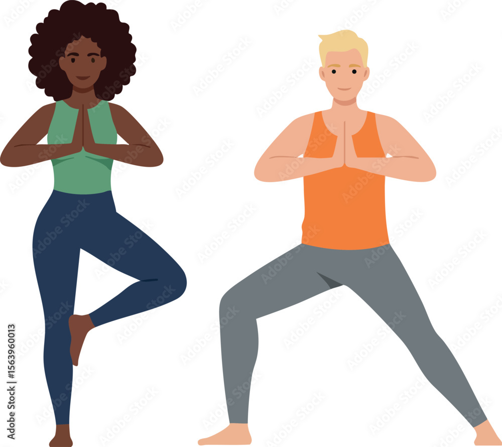 Two diverse people practicing yoga together in standing poses for fitness and mindfulness health benefits vector illustration Two diverse people practicing yoga together in standing poses for fitness and mindfulness health benefits vector illustration