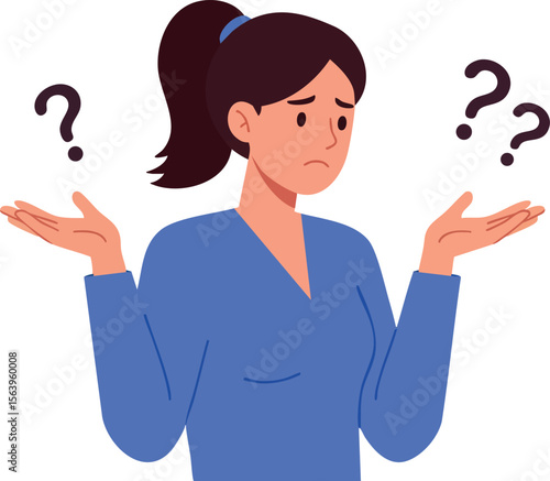 Confused woman shrugging shoulders with question marks expressing uncertainty and doubt in blue clothing vector illustration