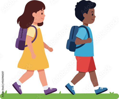 Two children walking with backpacks going to school or on a stroll in casual clothes vector illustration