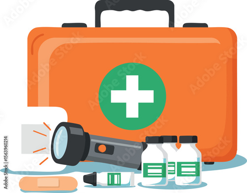 First aid kit with medical supplies and flashlight for emergency preparedness and health safety equipment vector illustration