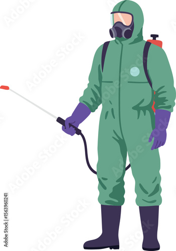 Person wearing protective hazmat suit spraying disinfectant for contamination control in safety gear vector illustration