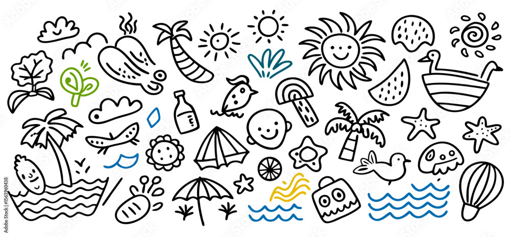 Fototapeta premium Hand Drawn Summer Doodle Collection: Beach, Sun, and Travel Elements