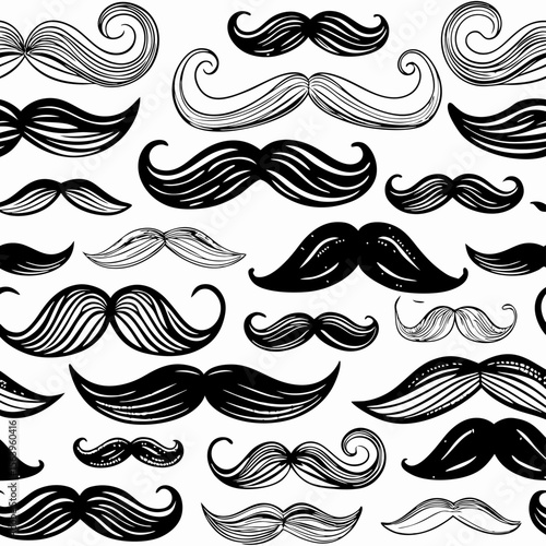 Hand-drawn Mustache Pattern: Black and White Mustaches Seamless Background