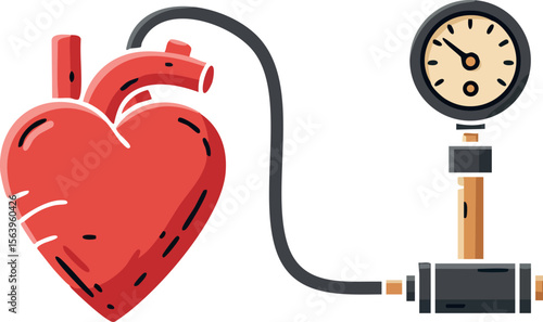 Red heart connected to blood pressure gauge measuring cardiovascular health vector illustration