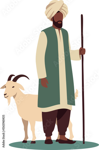 Shepherd man standing with goat holding staff traditional clothing vector illustration design