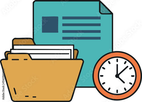 Folder with documents and clock icon representing time management and organization in office work environment vector illustration
