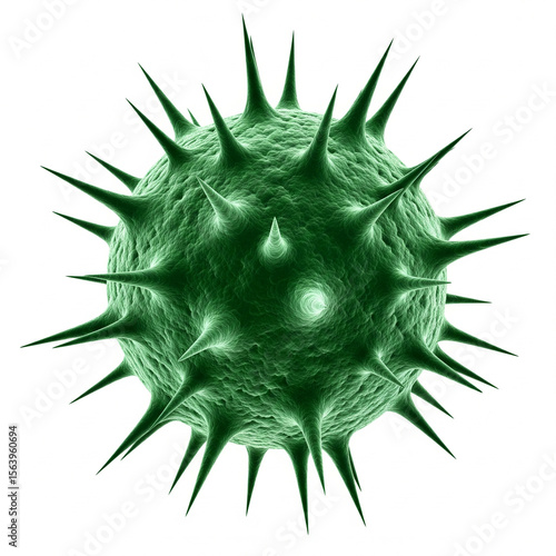 3D green bacteria cell structure with textured surface and spikes, isolated on white background