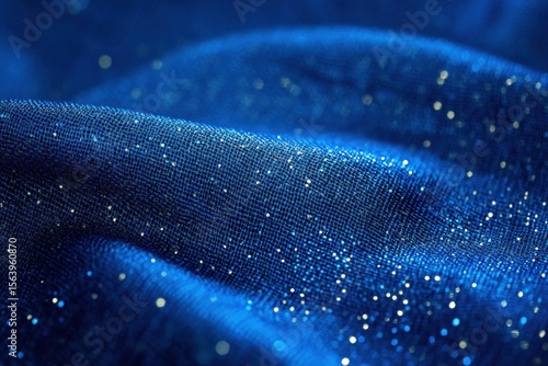 Elegant flowing fabric with sparkling details in a vivid blue, reflecting light and creating a magical, ethereal texture.