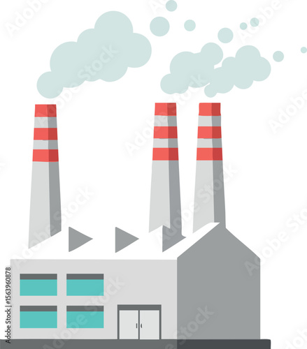 Industrial factory building with three chimneys emitting smoke pollution vector illustration design