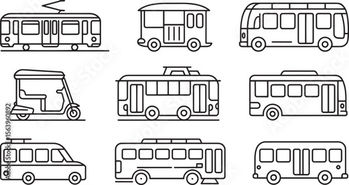 Tram Trolley Bus Rickshaw Minibus Transport Line Icons for City Commute Shuttle Urban Transit Rides