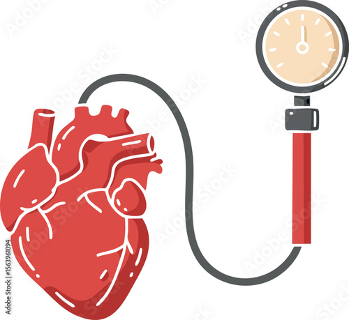 Human heart with blood pressure gauge medical vector illustration in red and gray colors for health monitoring and cardiology concepts