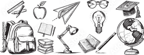 Vintage School Set with Retro Hand-Drawn Elements for Back to School and Education themes in Engraved Monochrome Style.