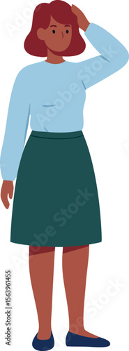 Woman standing thoughtful casual clothing blue sweater green skirt red hair vector illustration