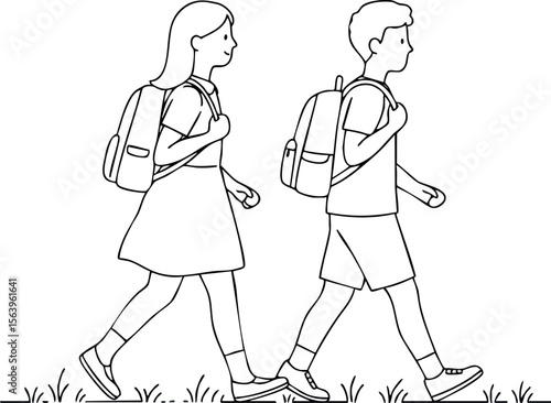 Children walking with backpacks outdoors line art vector illustration of schoolboy and schoolgirl on grass