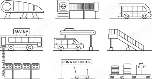 Jet Bridge Terminal Bus Gater Shuttle Vehicle Stairs Lights Luggage Runway Icons Line Art Vector Set