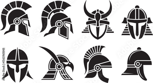 Spartan Viking Warrior Helmet Icon Set Ancient Roman Combat Headgear Silhouette Vector Collection