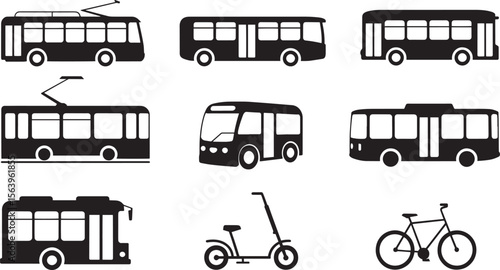 Electric Bus Trolley Bus Micro Mobility Icons Scooter Bicycle Silhouette Transport Vector Set