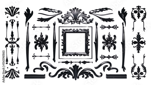 Collection of ornate black decorative elements and a square frame on a dark background