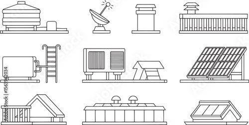 Water Tank Solar Panel Satellite HVAC Ladder Skylight Icons Rooftop Equipment Line Art Vector Set