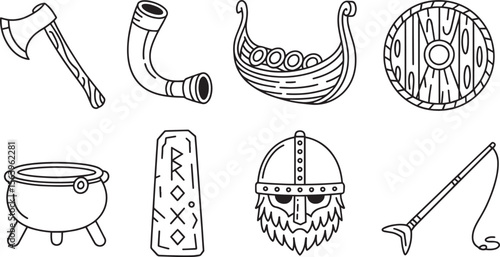 Foto Viking Axe Horn Ship Shield Rune Cauldron Whip Helmet Icons Line Art History Vec