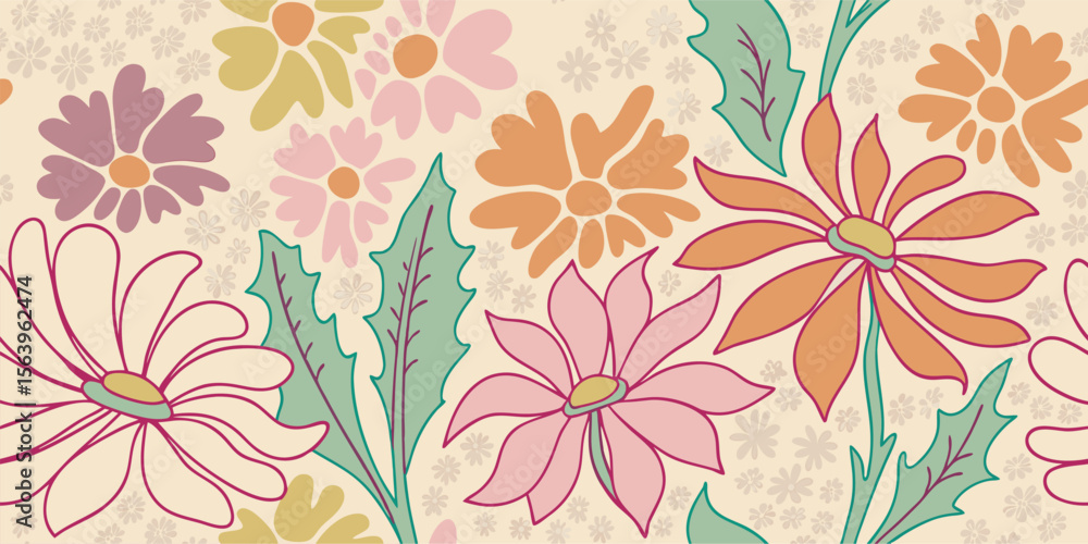 Retro Floral Pattern Design: 70s Style Daisies & Flowers Retro Floral Pattern Design: 70s Style Daisies & Flowers