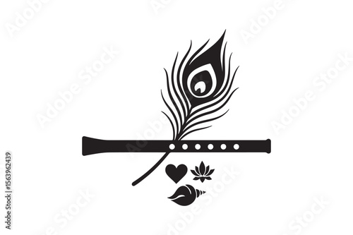 flute and peacock feather silhouette vector art illustration on white background