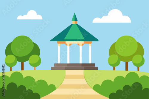 cartoon park with a gazebo trimmed shrubs