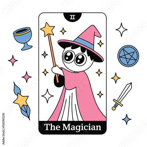 Kawaii tarot card illustration of The Magician with floating magical tools and pastel sparkly background isolated on black and white