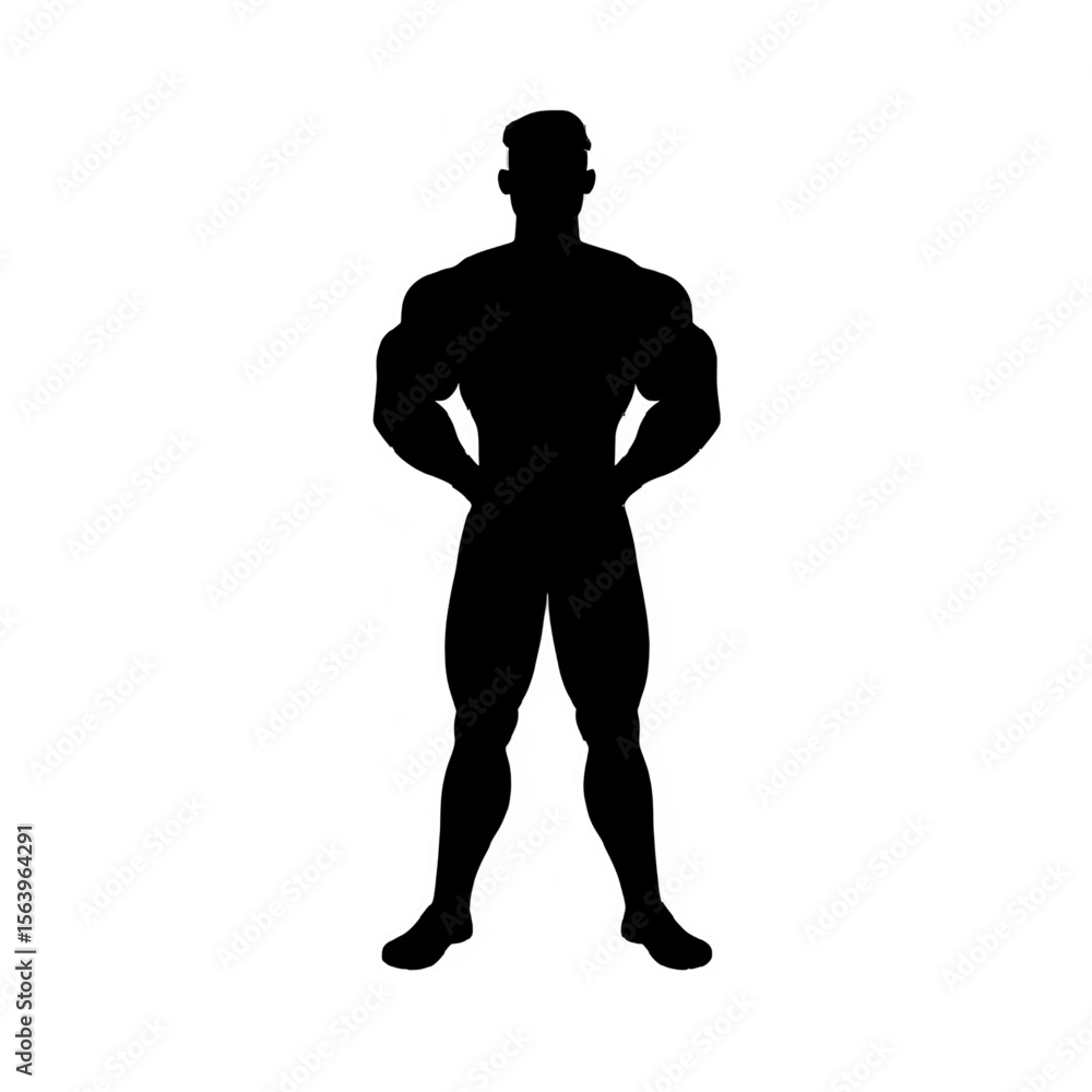 Fototapeta premium Silhouette of muscular man bodybuilder demonstrating fitness and strength training physique pose
