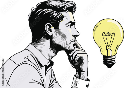 Thoughtful man with lightbulb, black and white vector illustration. Idea concept.