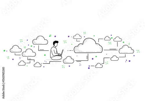 Man with laptop surrounded by cloud network illustration for SaaS onboarding