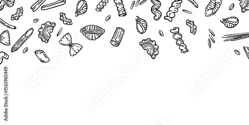 Hand-drawn ink vector illustration of Italian pasta types: elbows, penne, rigatoni, cavatappi, spirals. Seamless banner isolated on white. Perfect for restaurant menus, food shop packaging