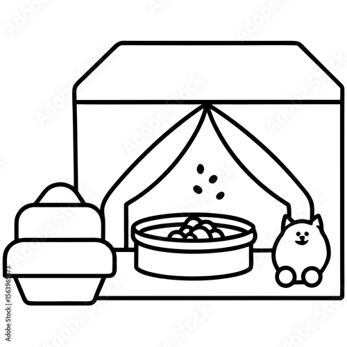 Illustration of a cozy pet bed, food bowls, toys, and a scratching post in the corner of a room. Cute and tidy.

