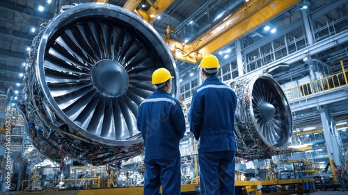 Two workers in hard hats examine large jet engines assembled in a manufacturing facility. The bright, spacious area is filled with machinery and overhead cranes