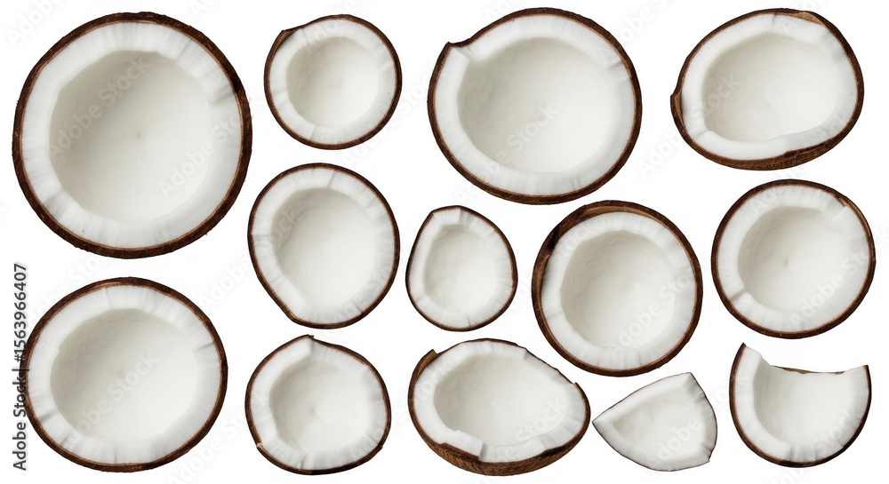 Collection of Coconut Halves and Pieces for Culinary and Decorative Use, isolated on a transparent background