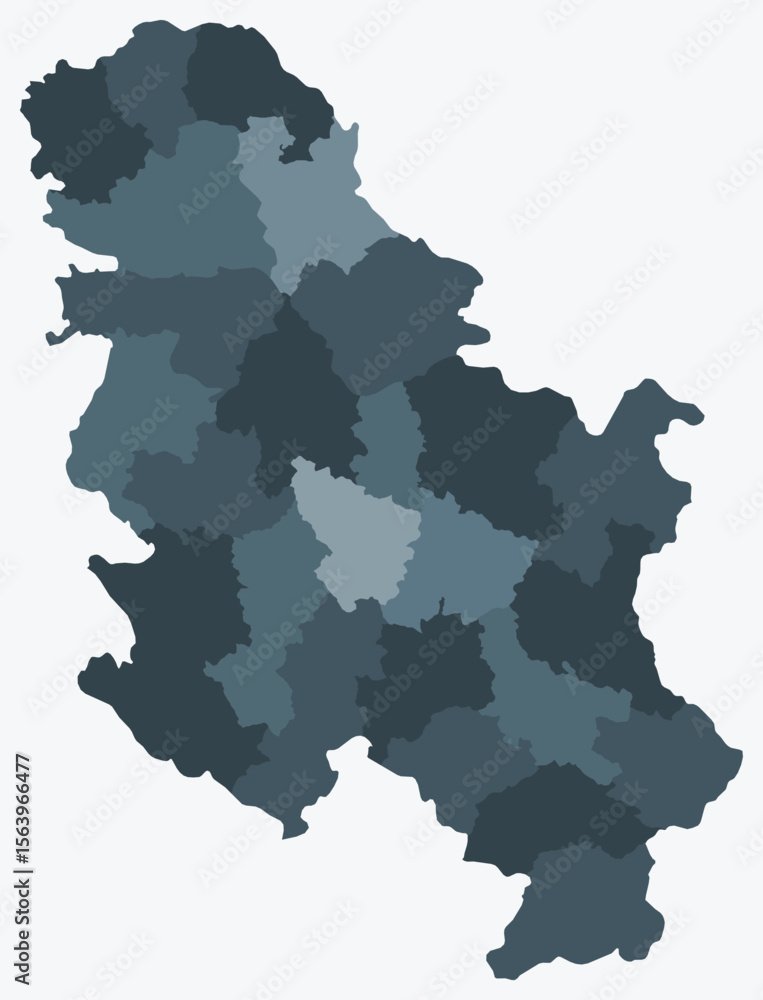 Obraz premium Map of Serbia with regions. Just a simple country border map with region division. Blue grey color palette. Plain Republic of Serbia shape with administrative division. Vector illustration.