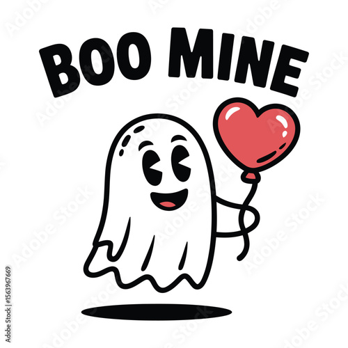 Retro vector silhouette of friendly ghost holding heart-shaped balloon with “Boo Mine” vintage text on white background