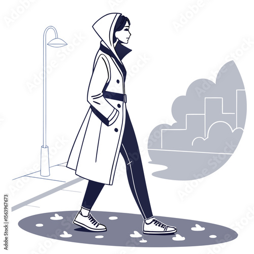 Stylish woman in a hooded trench coat walks confidently down a city street past a lamppost with a stylized cityscape in the background