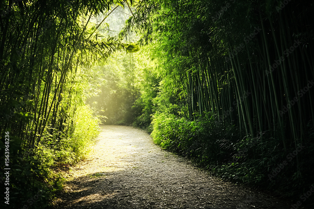 Fototapeta premium Sunlight filtering through a lush green bamboo forest path