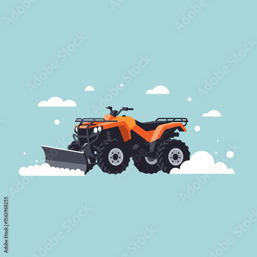 ATV with front-mounted snow plow on winter background, vector illustration