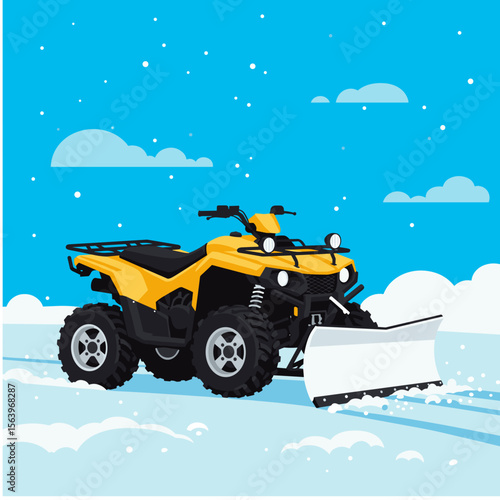 ATV with front-mounted snow plow on winter background, vector illustration