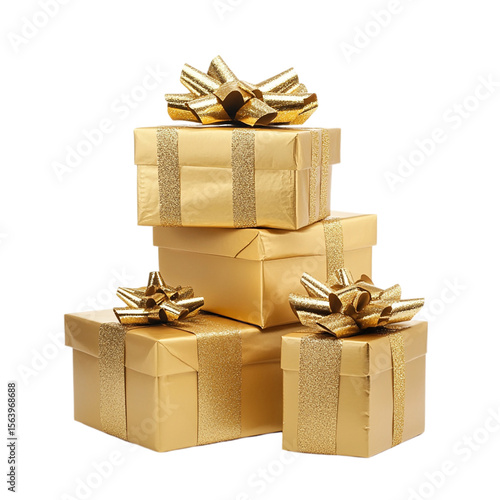 stack of gold gift boxes isolated on transparent background