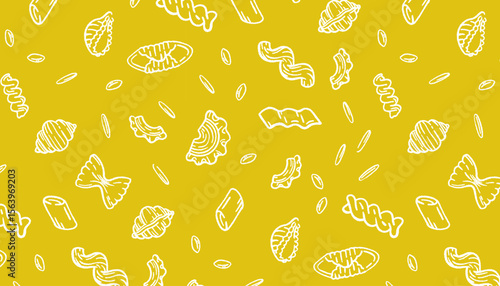 Seamless white and yellow pattern with Italian pasta. Vector food background featuring traditional macaroni types. Perfect for kitchen decor, packaging, or textile design.