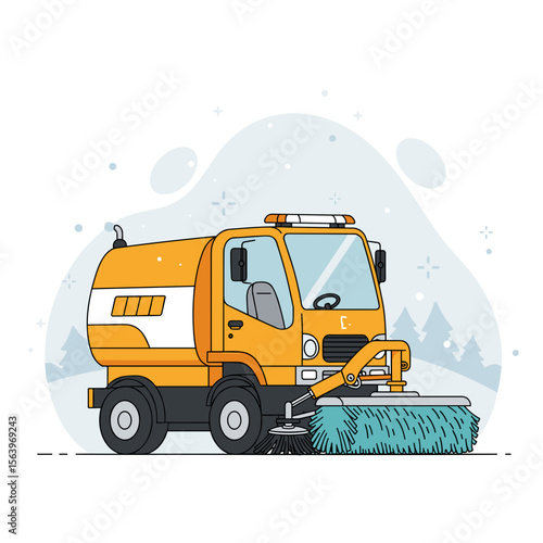 Street sweeper vehicle with rotating snow brush on snowy background, vector illustration