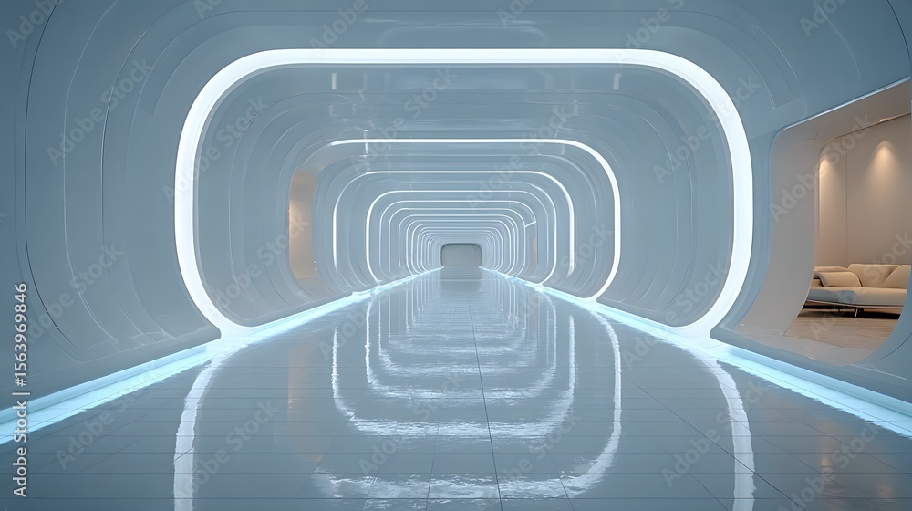 Fototapeta premium Futuristic White Corridor: Modern, Clean, and Serene Architectural Design with Subtle Ambient Lighting.