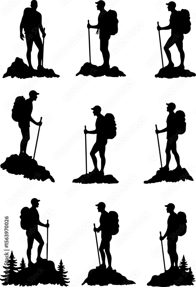 Obraz premium mountain hiker, hiking, trekking, outdoors, adventure, tree vector bundle