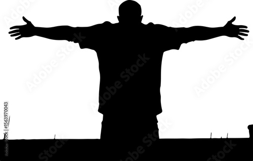 silhouette of a man who expand his two hands  like statue of  position